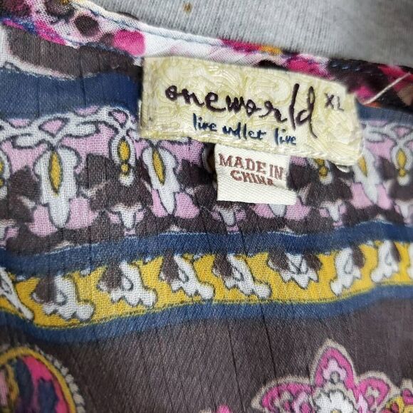 Oneworld Women’s Boho Patchwork Lace Top XL Sheer Short Sleeve Tunic - Picture 5 of 7